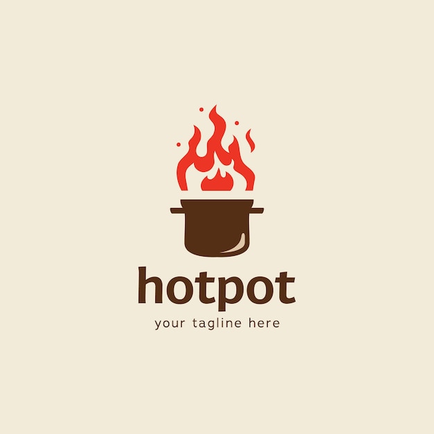 Kitchen hot pot restaurant logo icon with big pot and red fire flame symbol