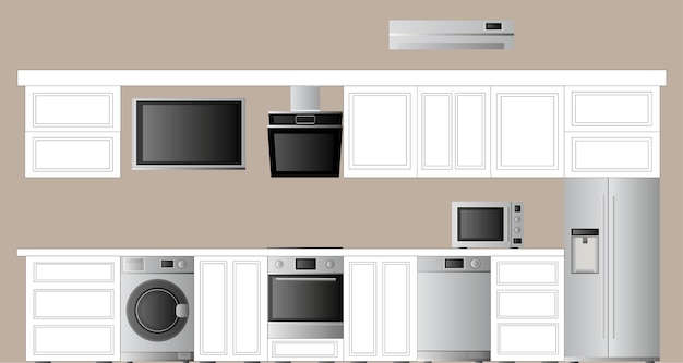 Vector kitchen. household appliances for the kitchen. interior design.built-in appliances in the kitchen. refrigerator, hob, microwave, washing machine, dishwasher, extractor hood, oven.