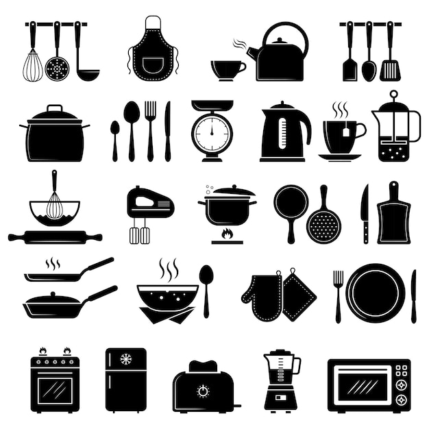 Kitchen icon. Food cooking utensils whisk stove knife silhouettes recent vector symbols. Utensil silhouette, equipment kitchen, microwave and toaster, scale and kettle illustration