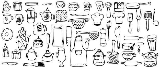 Kitchen icons set. Hand drawn line kitchen tools and cooking appliances, utensils. Doodle style. Large set. Vector illustration