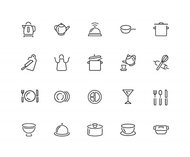 Kitchen icons. Set of twenty line icons. Kettle, portion, cutlery.