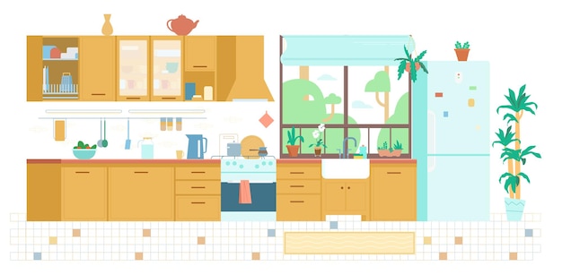 Kitchen interior background flat illustration