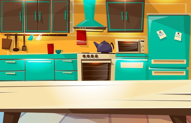 Vector kitchen interior background from dining table view.