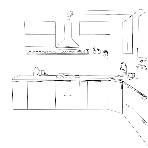 Kitchen interior drawing vector illustration