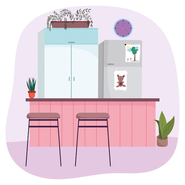 Интерьер кухни, мебель для холодильника, стулья, часы и горшечные растения