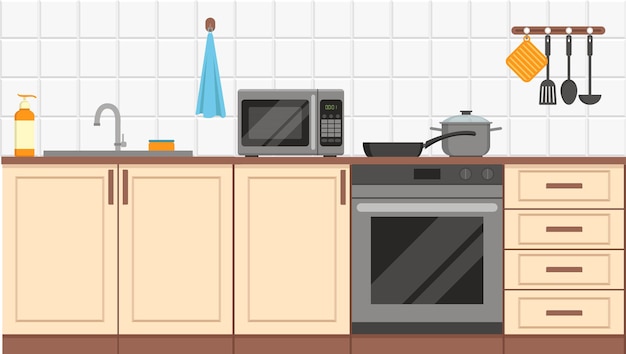 キッチンのインテリア。家具、電化製品、調理器具。フラットなデザイン。