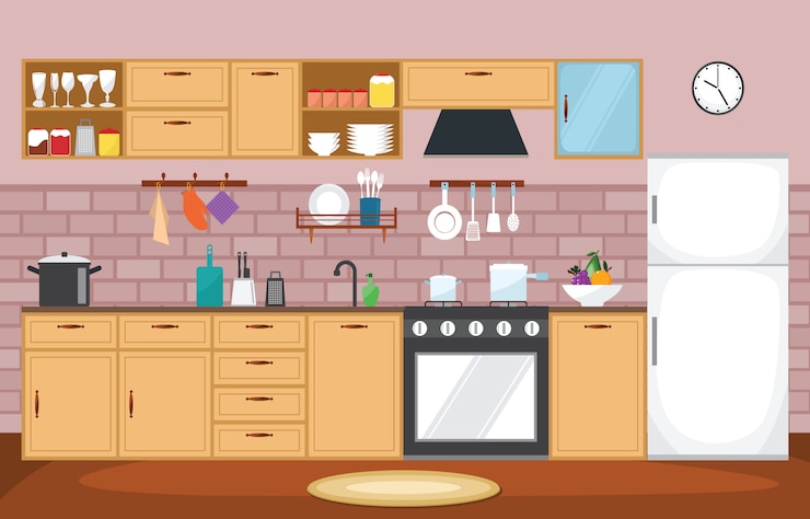 Vector kitchen interior furniture cutlery tableware cooking flat