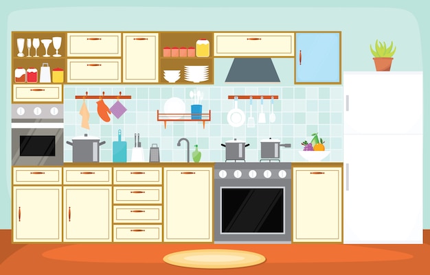 kitchen interior furniture cutlery tableware cooking flat