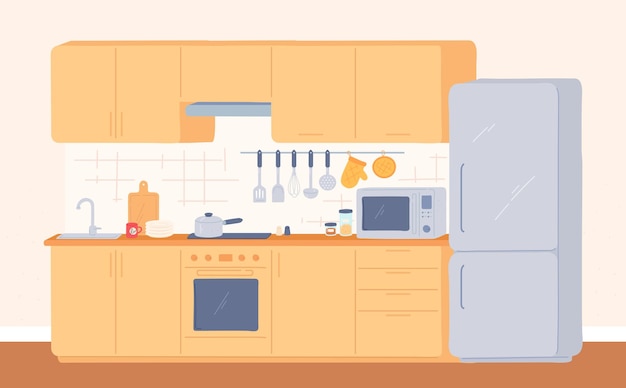 주방 인테리어입니다. 스토브, 오븐, 찬장, 싱크대 및 냉장고 요리용 가구. 가전 제품과 기구, 벡터 룸이 있는 현대적인 주방. 집 만화 평면 그림에서 식사 공간