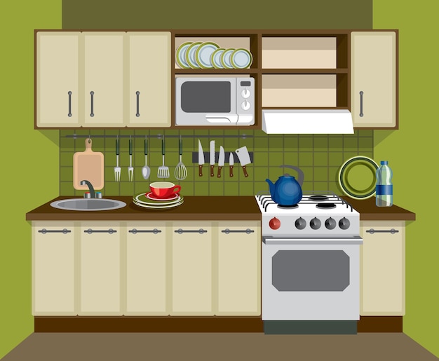 Kitchen interior in vintage style vector illustration