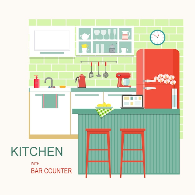 Vector kitchen interior with bar counter vector flat style illustration