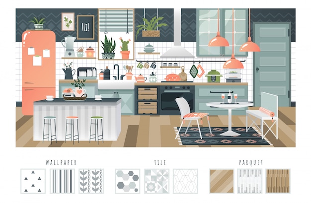 Vector kitchen interior  with cozy ambience, comfortable layout and modern appliances,  illustration