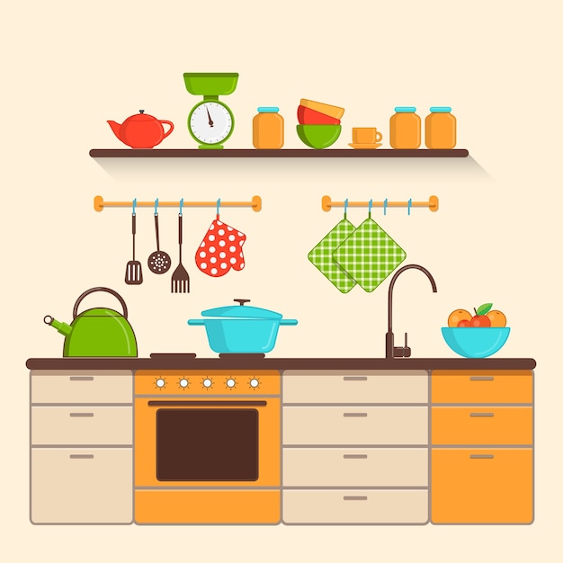 Vector kitchen interior with utensils illustration