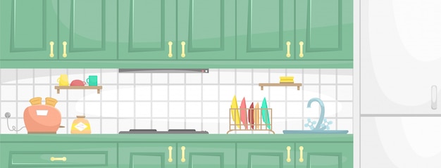 Vector kitchen interior with wooden cabinets. sink, oven, dish and toaster on the countertop. flat   illustration.