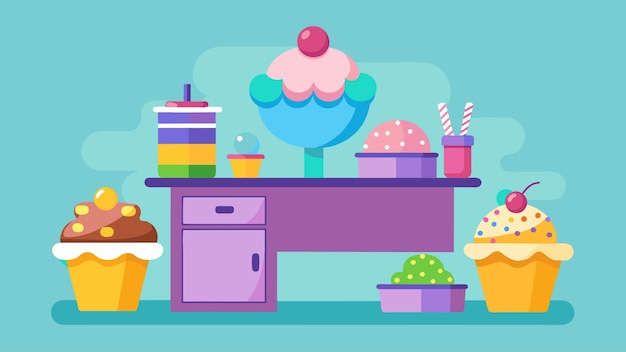 Vector the kitchen island is transformed into a decorateyourowncupcake station with colorful icing and