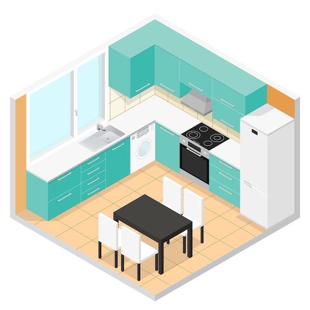 Vector kitchen isometric interior with furniture.  illustration