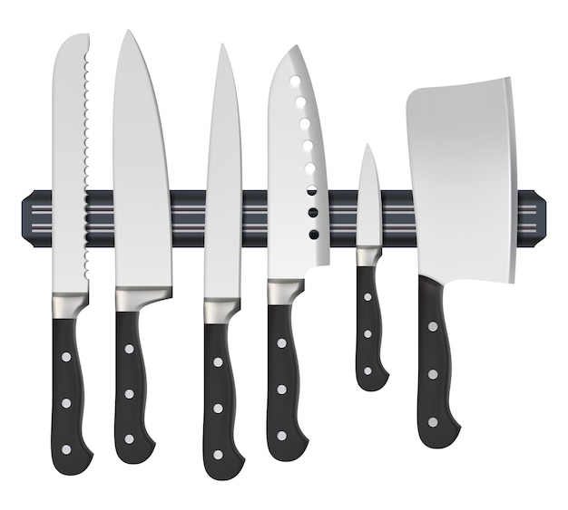 Vector kitchen knife. iron restaurant utensil silhouette of sharp metallic knives realistic collection. illustration knife sharp, metal equipment stainless