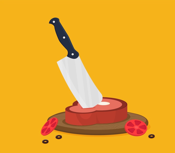 Vector kitchen knife with food flat vector illustration