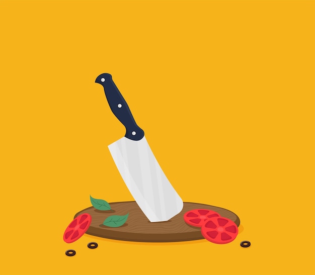 Vector kitchen knife with food flat vector illustration