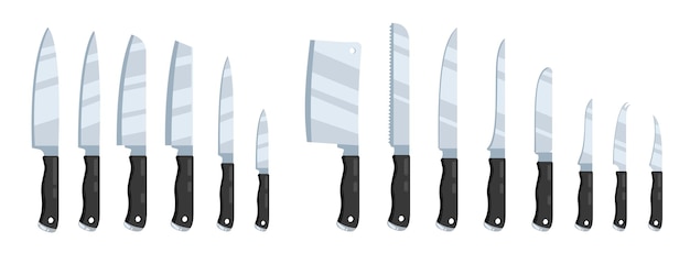 Vector kitchen knives cartoon sharp blade knife variety of tableware cooking tools of stainless steel chef equipment flat style vector isolated set