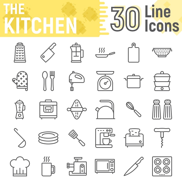 Vector kitchen line icon set, household signs collection