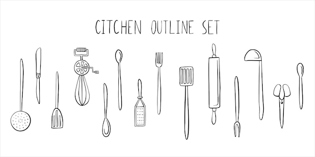 Vector kitchen line sketch utensils set outline simple doodle style