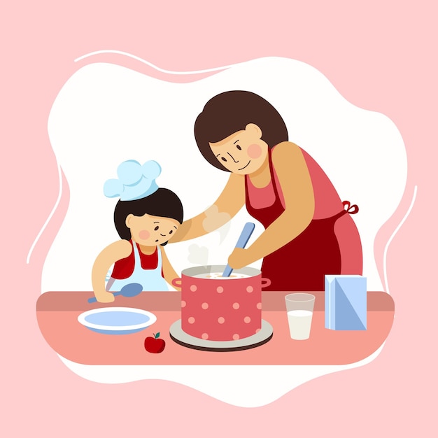 In the kitchen, mom teaches her daughter to cook porridge.