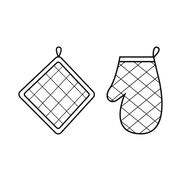 Kitchen oven mitt and potholder. Hand drawn element in doodle line style