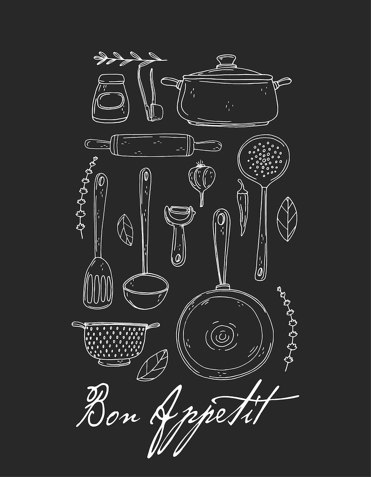 Vector kitchen poster with hand drawn kitchenware spice and lettering on a chalkboard bon appetit