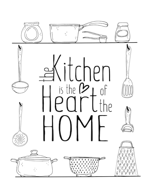 Vector kitchen poster with hand drawn kitchenware spice and lettering on a white background