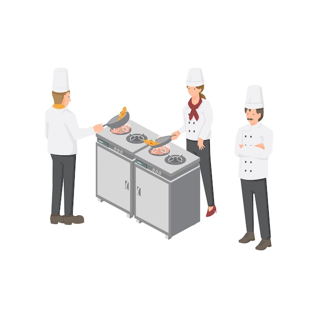 Vector kitchen room and chef worker graphic vector illustration on white background