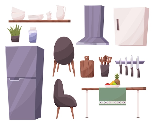 Kitchen room furniture cartoon vector interior illustration fridge table and modern cooking