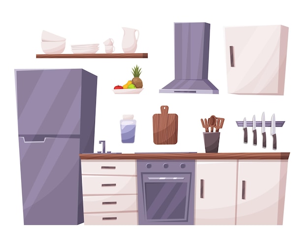 Kitchen room furniture cartoon vector interior illustration fridge table and modern cooking