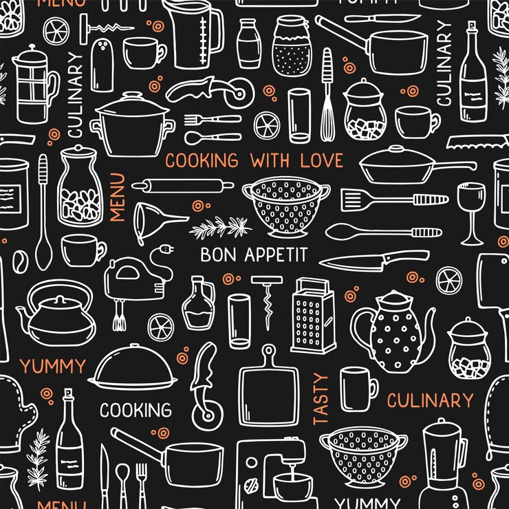 Vector kitchen seamless background in doodle style on black.