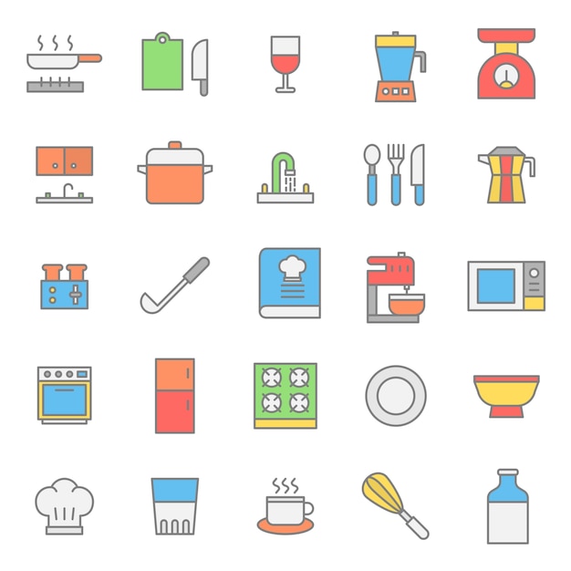 Vector kitchen set flat color icon