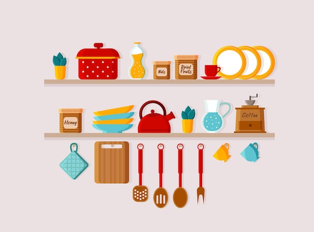 Kitchen shelves and cooking utensils