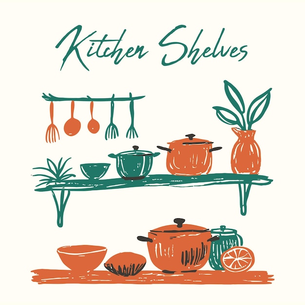 kitchen shelves illustration in drawing style