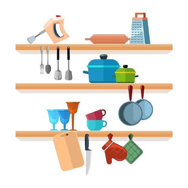 Vector kitchen shelves with cooking tools