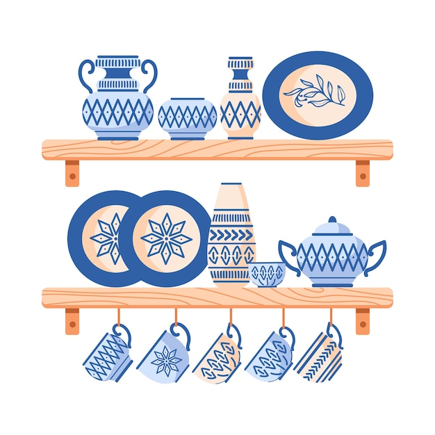 Вектор Кухонные полки с посудой. посуда из керамики ручной работы, этнические орнаменты. амфоры, вазы, тарелка, горшки, чаша с этническим орнаментом. домашний уют, хюгге. для плакатов, открыток, элементов дизайна.