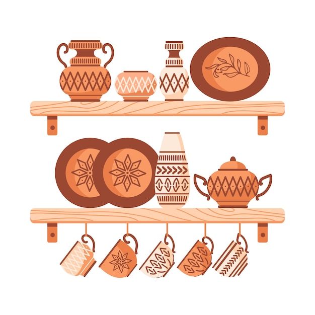 Kitchen shelves with utensils. Handmade ceramics dishes, ethnic ornaments. amphoras, vases, plate, pots, bowl with ethnic patterns. Home comfort, hygge. For posters, postcards, design elements.