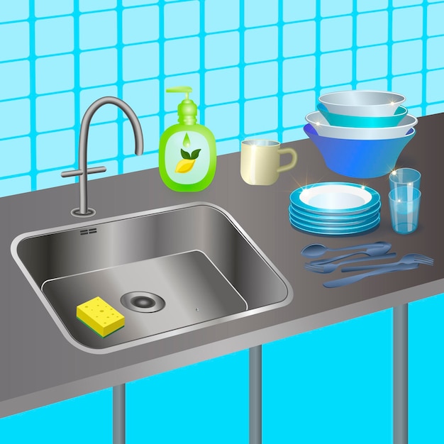 Vector kitchen sink clean dishes washed to a shine dishwashing detergent sponge