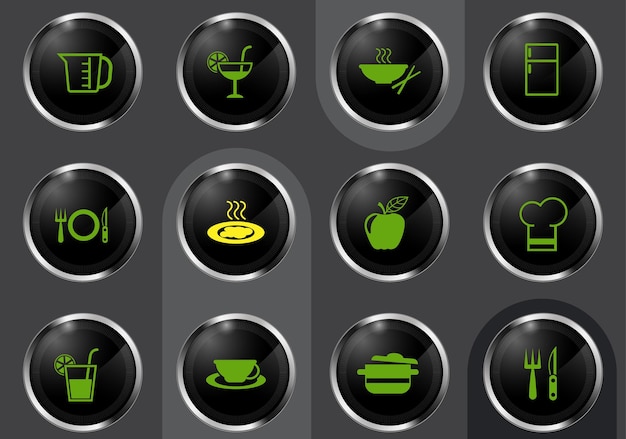 Kitchen symbols on black shiny buttons