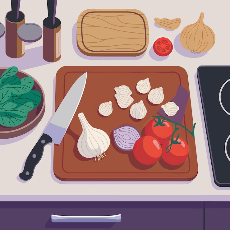 Вектор кухонный стол с режущим столом, овощами и ножом
