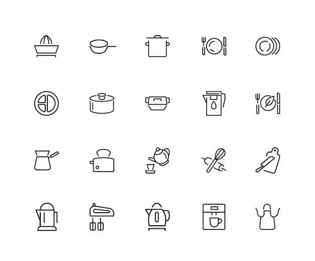 Kitchen tool icons. Set of twenty line icons. Toaster, mixer, apron.
