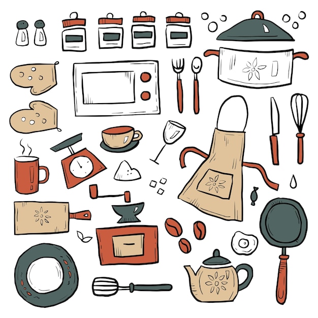 Kitchen tool items colorful doodle set