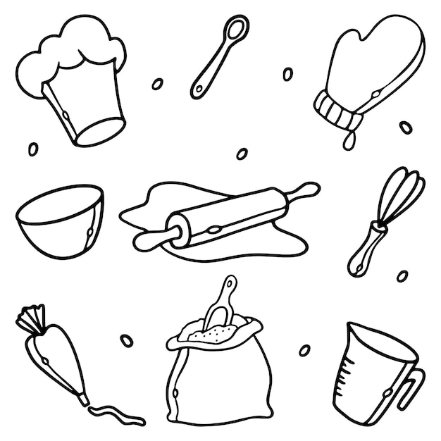 Vettore utensili da cucina per la cottura set di doodle di contorno vettore premium