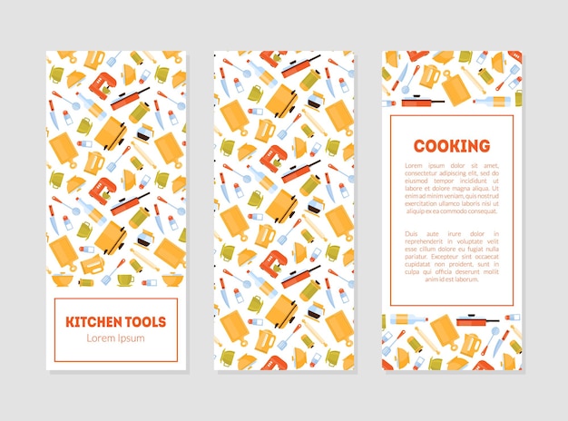 Vettore strumenti da cucina modelli di banner set con utensili da cucina modello e posto per il testo illustrazione vettoriale colorata