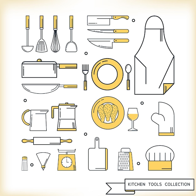 Вектор Коллекция кухонных инструментов стиль дизайна плоской линии векторная иллюстрация