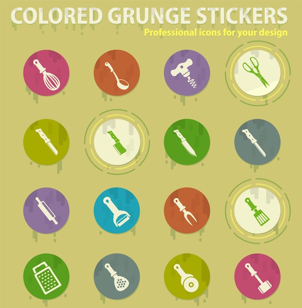 Kitchen tools colored grunge icons