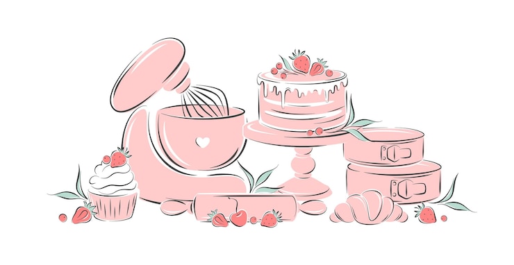 Vector kitchen tools, different desserts, pastry dishes, ingredients for baking items.